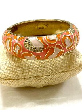 Coral & Blush Enamel Hinged Bangle Bracelet with Gold Accents